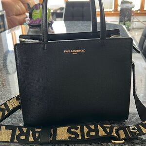 KARL LAGERFELD NEW BLACK TOTE W MONOGRAM STRAP ZIPPER & INTERIOR COMPARTMENTS